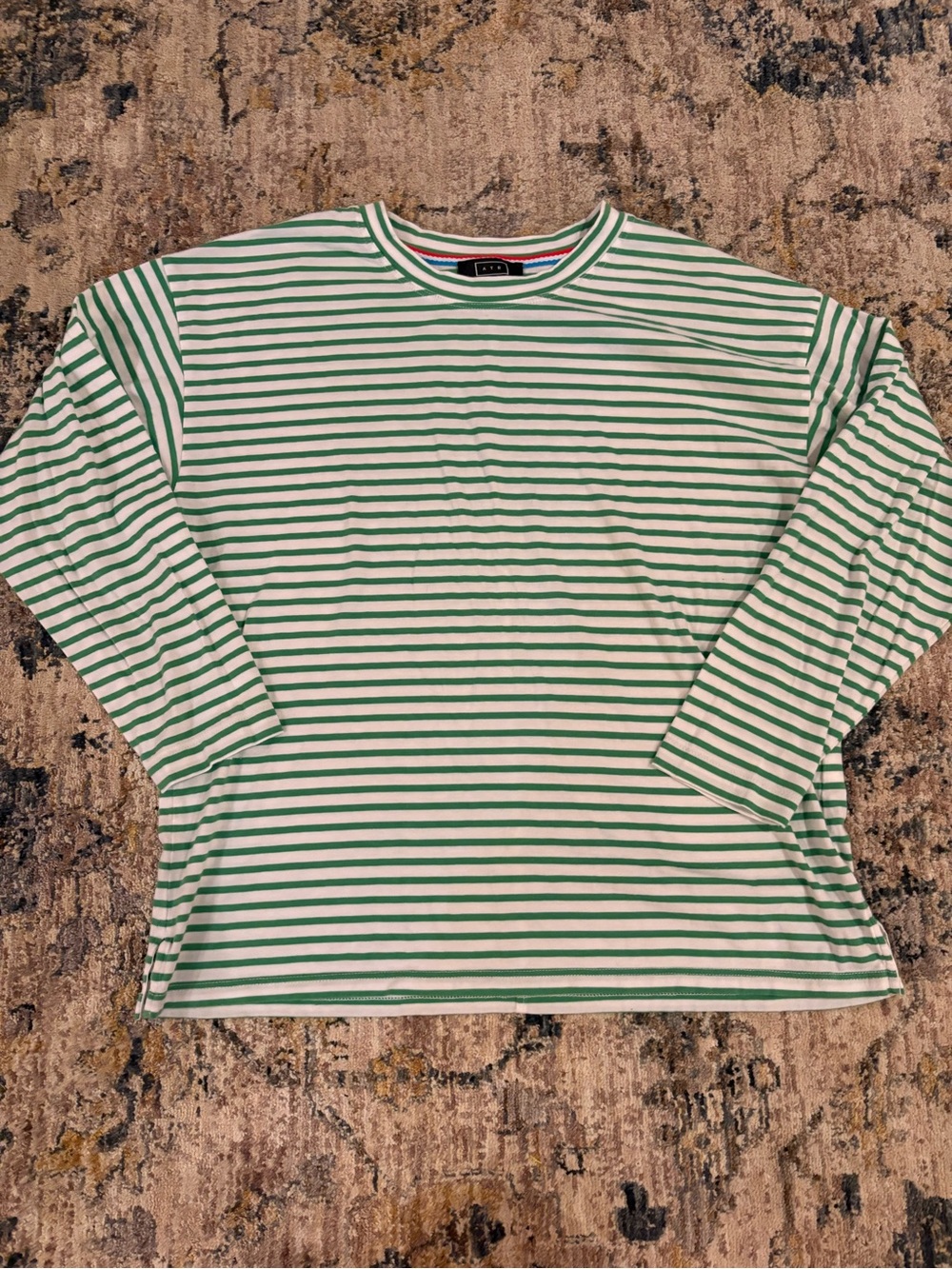 AYR Striped Boxy Long Sleeve T-Shirt Women’s S Green White 100% Cotton  Boho